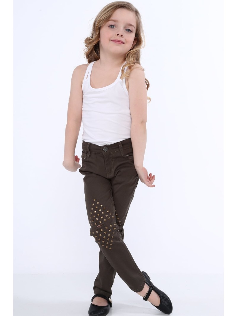 Girls\' trousers with flat studs, khaki NDZ310 - Online store - Boutique